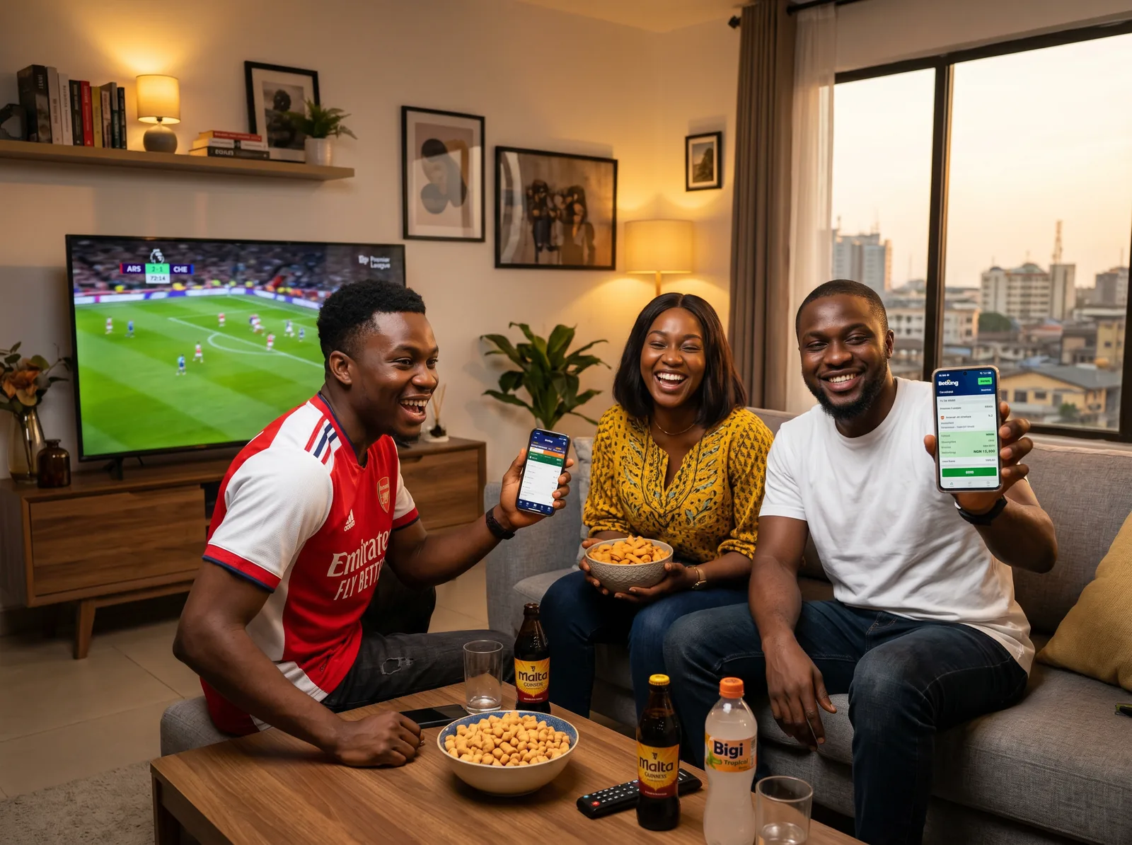 Three friends in a Lagos apartment watching Arsenal on TV