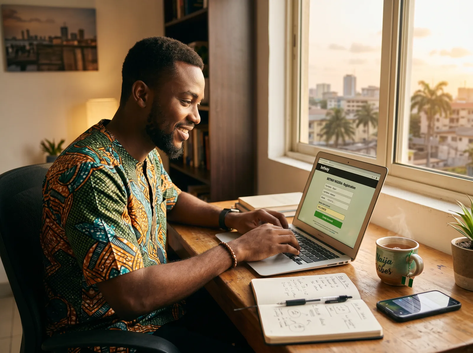 A young Nigerian man entering a promo code on a betting site registration form